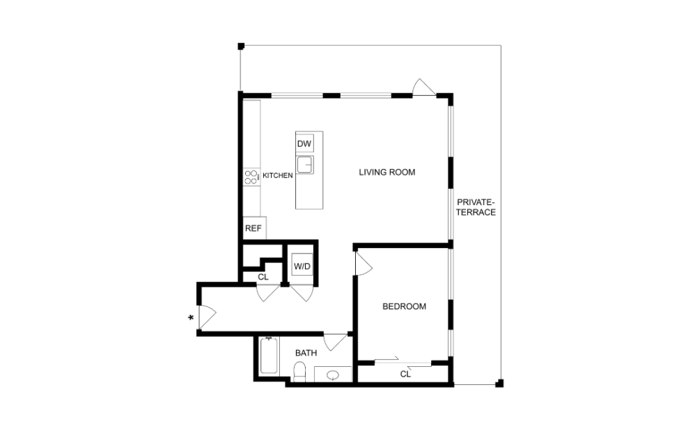 A1H - 1 bedroom floor plan layout with 1 bathroom and 910 square feet (2D)