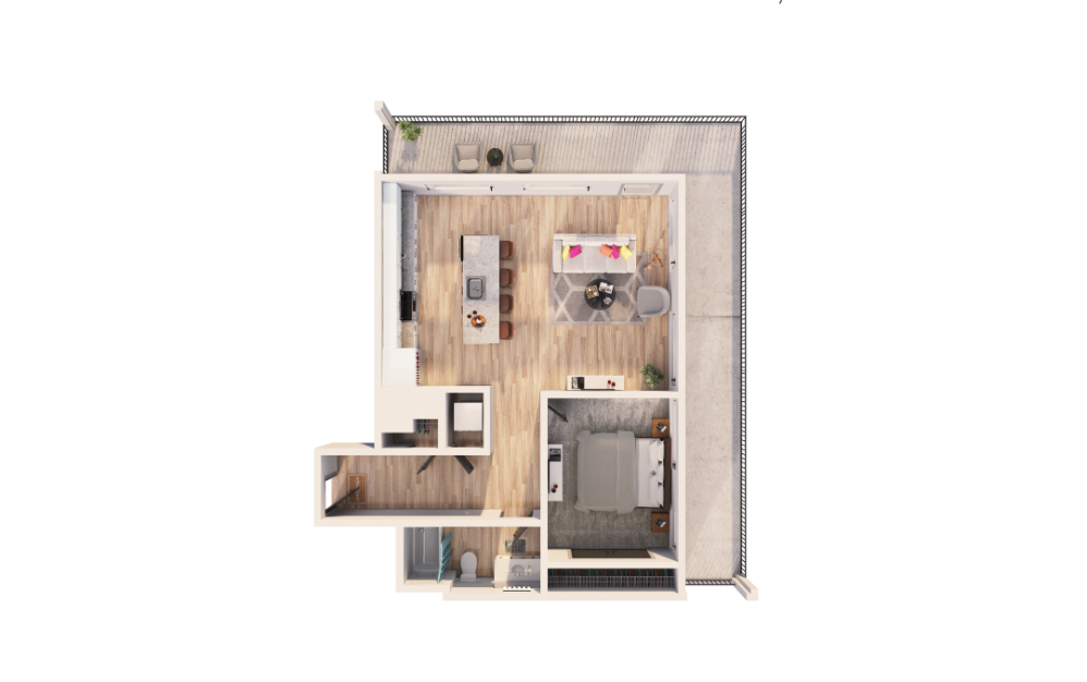 A1H - 1 bedroom floor plan layout with 1 bathroom and 910 square feet (3D)