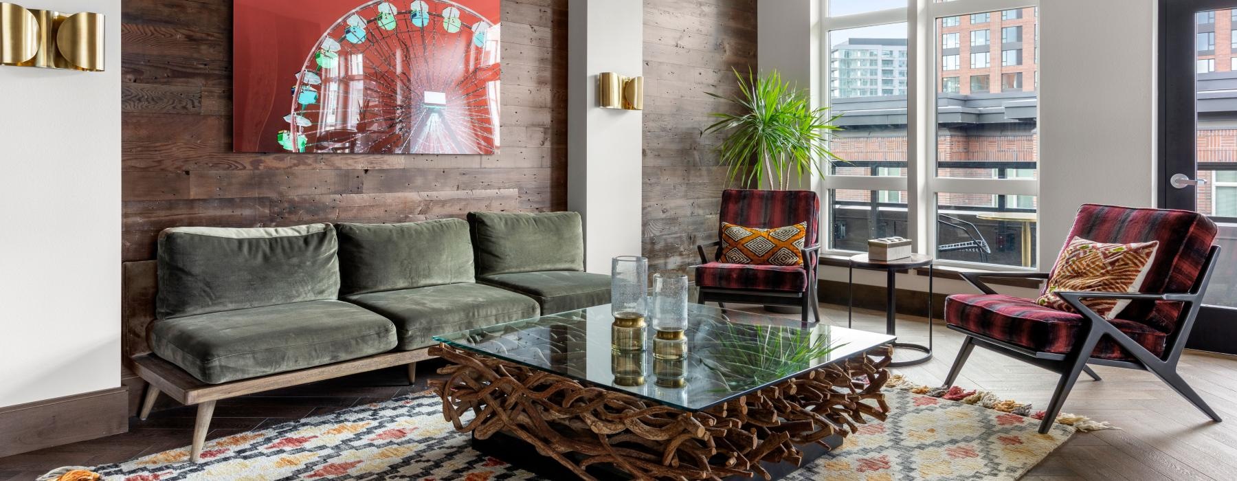 a living room with a couch and coffee table