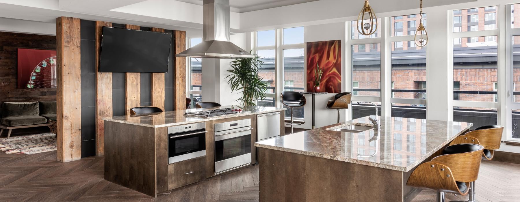 a kitchen with a large island