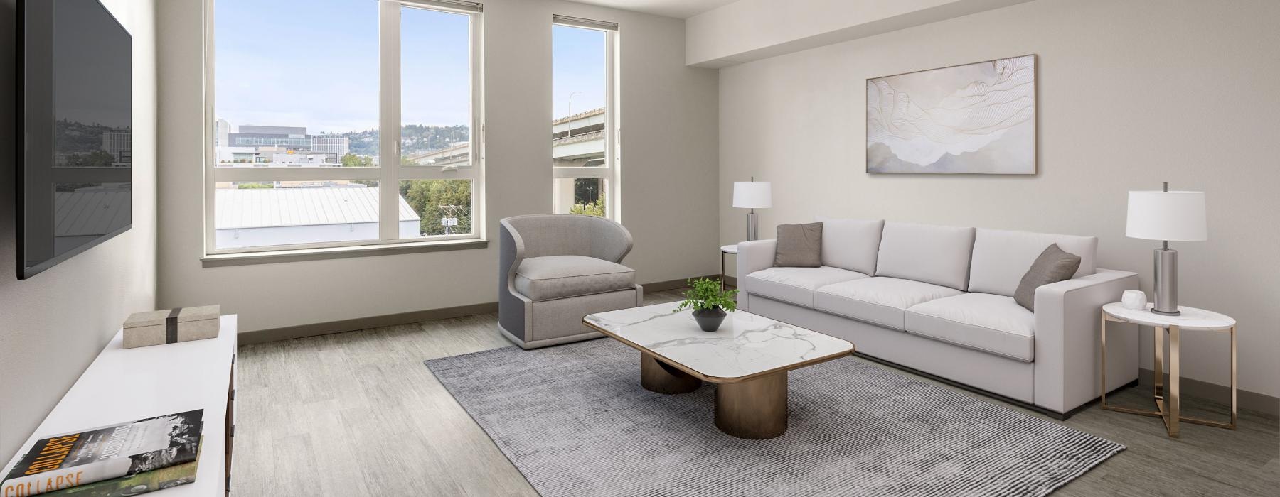 a living room with a large window